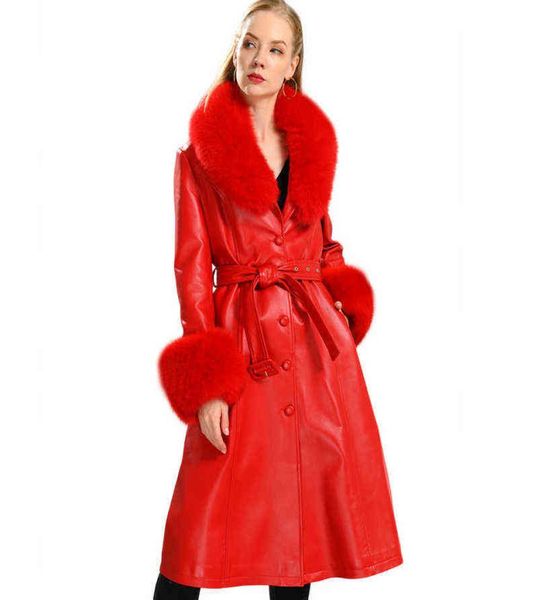 Winter Herbst Neue Mode Frauen Lange echte Schaffell Lederjacke mit Big Fox Pelzkragen und Manschetten natürlicher Pelzmantelanzug J2208016639