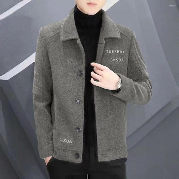 Men's Jackets Men Coat Embroidered Plush With Lapel Pockets Warm Winter Outwear For Autumn Single-breasted Solid Color Jacket