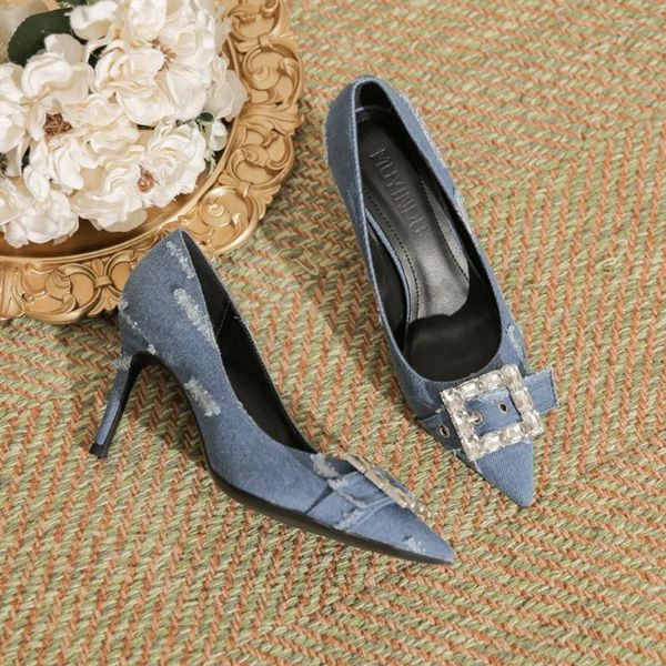 Scarpe vestiti con tacchi alti donne sandali sottili tacco da donna sexy con punte appuntite e pompe di colore blu versatili 8 cm