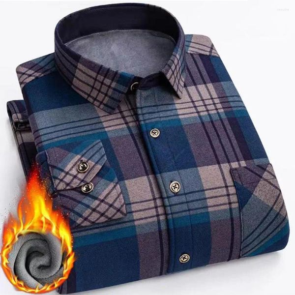 Camisas casuais masculinas Cardigã de impressão xadrez térmica com colarinho térmico com colar