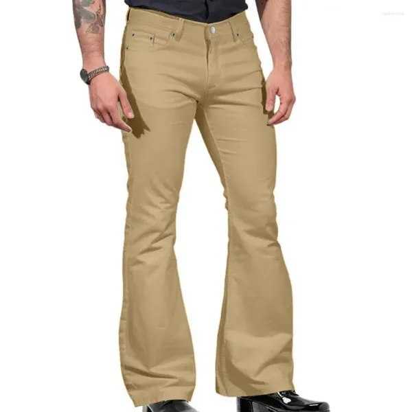 Calça masculina inspirada em homens de inspiração de inspiração de sino de baixo vintage jeans largo de perna sólida cor elástica para moda