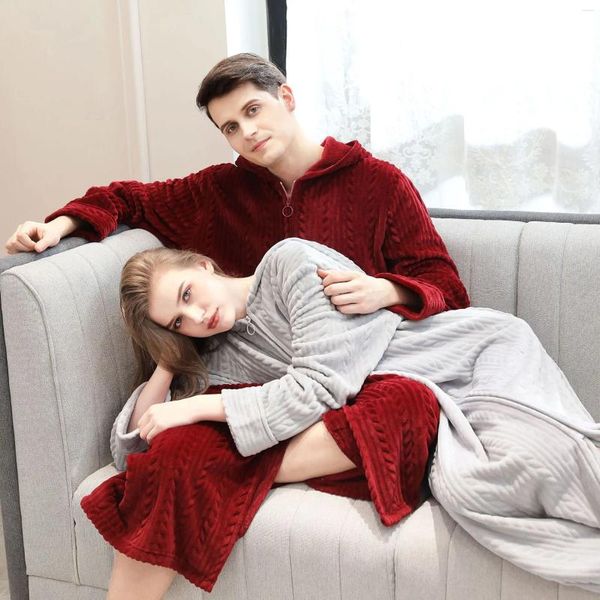 Abbigliamento da uomo Sleep Autunno inverno con cerniera inverno con cappuccio da notte con cappuccio Coppia calda per pigiama gonfio flanella lungo le donne da notte di colore solido