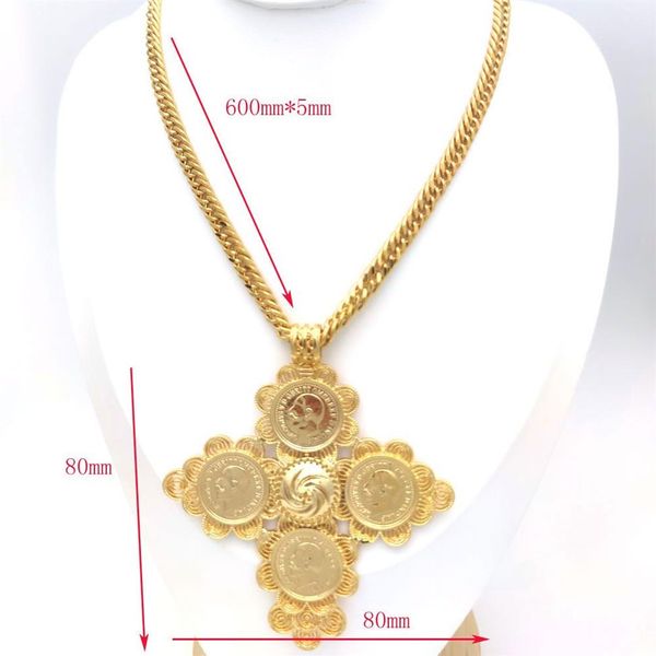 Big Coin Cross Pingente Pingente Etiópia 24k Gold Ruby Chain Calha Cuba Duplo Jóias Pesadas de Colares Africa Africa Habesha Eritrea185H