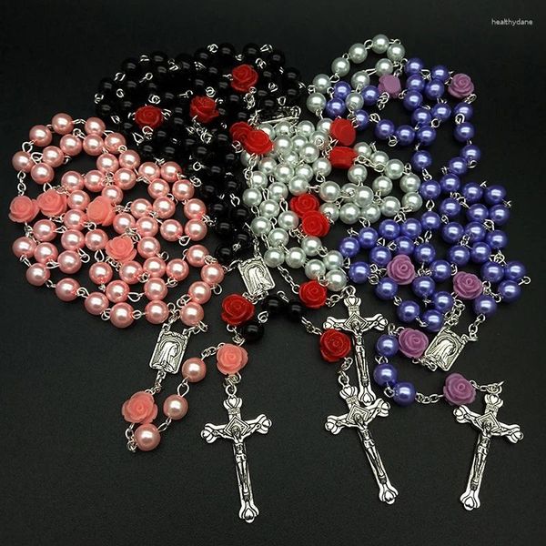 Collane a sospensione moda 6mm Rosario Gesù Christian Glass Perle Cross Collana Accessori Regali unici design