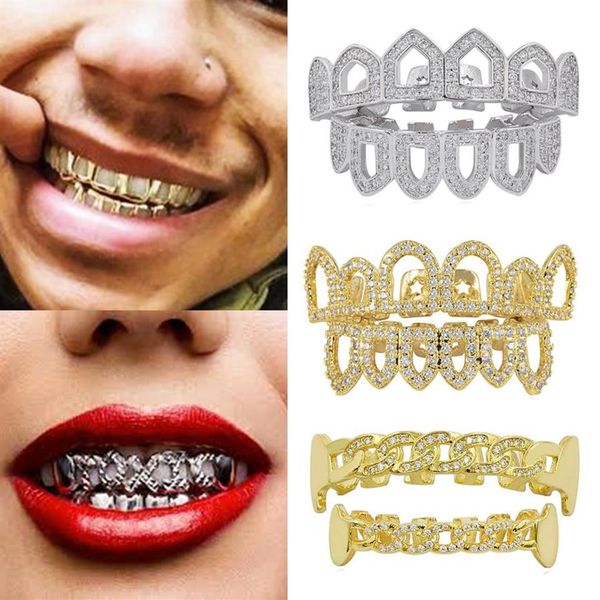 18K Gold Hip Hop Diamond de dentes Hollow Grillz Grills Grills Brace Brace Cap Cosplay Jóias de Rapper de Cosplay Whol257G