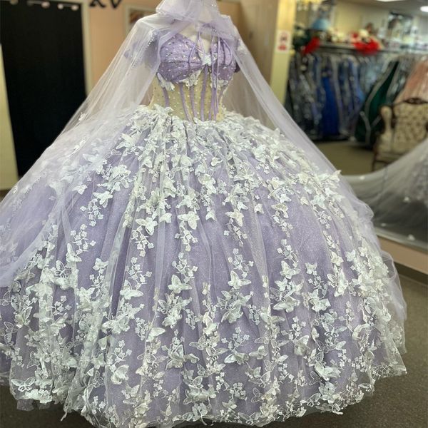 Lavendel glänzende Prinzessin Quinceanera Kleider Bogenperlen mit Cape Schnürung Korsett Prom süße 16 Kleider Vestidos de 15 Anos