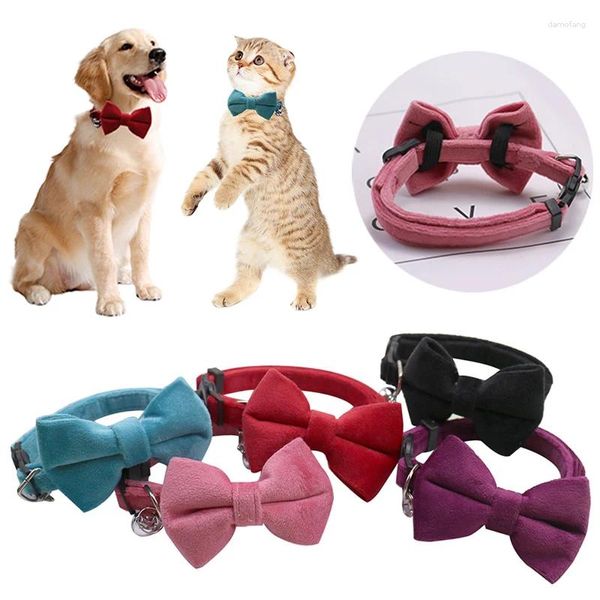 Colarinho de cachorro colar gato colar de veludo sólido bowknot puppy chihuahua com sino com segurança ajustável fivela gatos tirha borbole