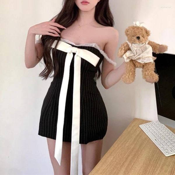 Abiti casual Corea Contrasto Colore Bow Abito Sleevelette Sleeveless Donne 2023 Summer Off-the Shoulder Sexy Slim Striped Mini