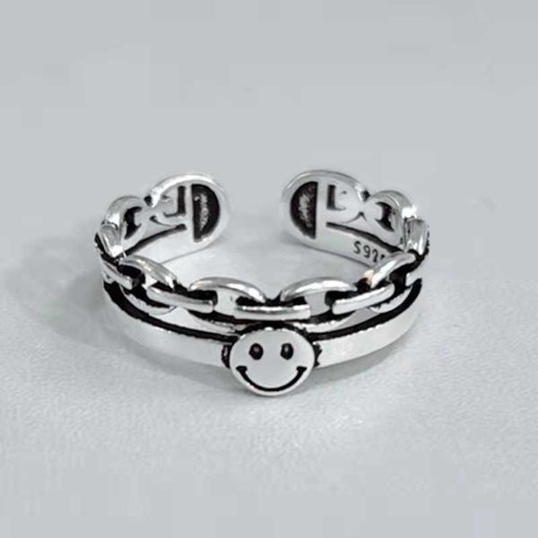 Anello a catena Chaoren a doppio strato femminile coreano personalizzato antico copricapo ad anello aperto con volto sorridente in argento tailandese