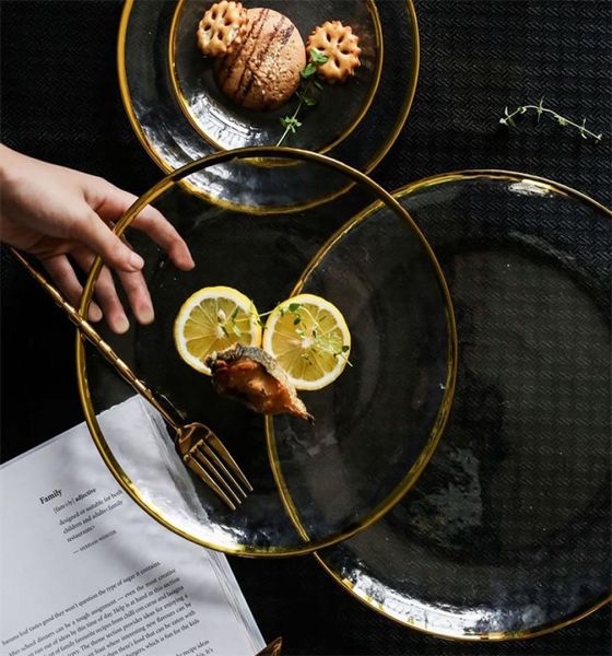 Intarsio oro bordo in vetro di vetro da porto per porzione da frutta dessert insalata insalata per pasto per pasto contenitore principale piatto da tavolo occidentale 207475845