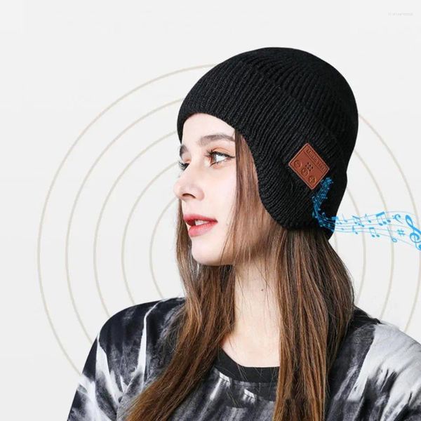 Boinas Lady grossa Banta de gorro de inverno com chapéu de fone de ouvido compatível com Bluetooth tricotado para proteção à orelha à prova de vento