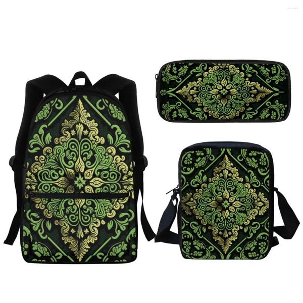 Bolsas escolares Backpack Green Western Pattern Fashion Backpack Designer de geometria criativa de volta ao almoço de bookbag Smatch Satchel Lápis Case