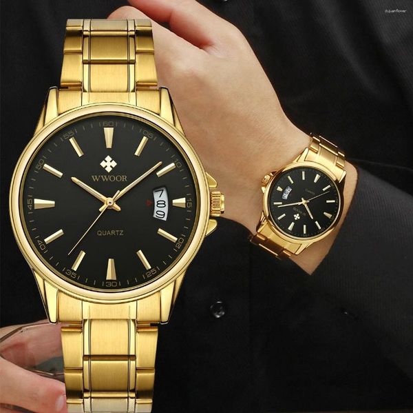 Armbanduhren Wwoor Relogio Maskulino Mode Gold Männer Uhr Uhr Watch for Date Water of Stahl Quartz Business Clock