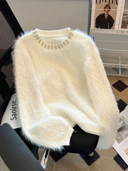 Kadın Sweaters Fashion Basit Klasik Beyaz Örme Jumper Vintage O-Beeck Uzun Kollu Peluş Külep Mori Kız Sıcak Kazak Y2K