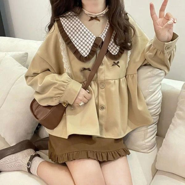 Arbeitskleider Herbst und Winter Set für Studentinnen Koreanische japanische Mädchen Puppe Kragen Nähte Spitze Mantel Rock Zweiteilig