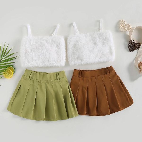 Kleidungssets Pudcoco Kinder Kind Mädchen Sommer-Outfit lässig ärmellose Plüsch Camisole Elastic Mini Falten-Rock Set für Kleinkind 18m-6t