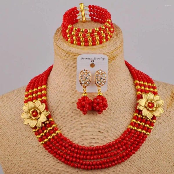 Halskette Ohrringe Set undurchsichtig rotes nigerianischer Hochzeit Afrikanische Perlen Schmuckkristallkostüm