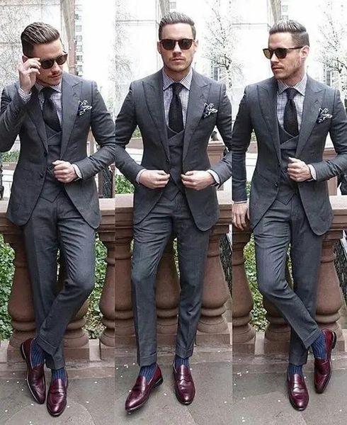 Ceketler Özel Yapımlı Sağkkul Koyu Gri Damat Smokin Tuxedos Pik Yaka Erkekler Düğün En İyi Adam Blazer (Ceket+Pantolon+Yelek+Kravat) C325