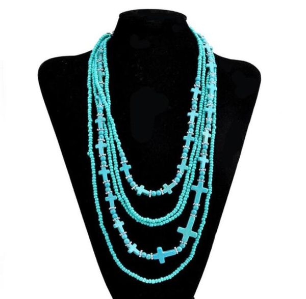 Multicamadas turquesa cruz colares moda bohemia pedra gargantilha jóias presente para mulheres retro contas de vidro corrente frisado colar a5093395