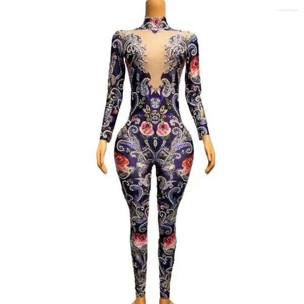 Sahne Giyim Seksi ışıltılı Gümüş Kristaller İnciler Tulum Rhinestones Bodysuit Gül Çiçek Desen Stripers Doğum Günü Kulübü Kıyafet