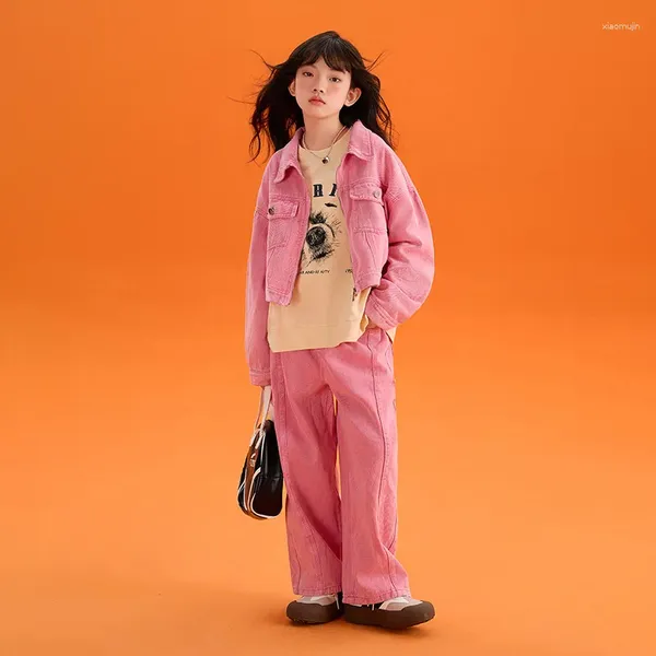 Set di abbigliamento per bambini Girl Denim Autfit 8 10 anni Autumn 2023 Coat rosa jeans Due pezzi Set di vestiti coreani