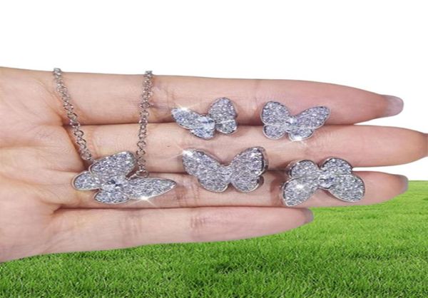Conjunto de joias femininas charmosas de alta qualidade banhado a ouro branco CZ brincos de borboleta conjunto de colar para meninas mulheres presente agradável 46254317031607
