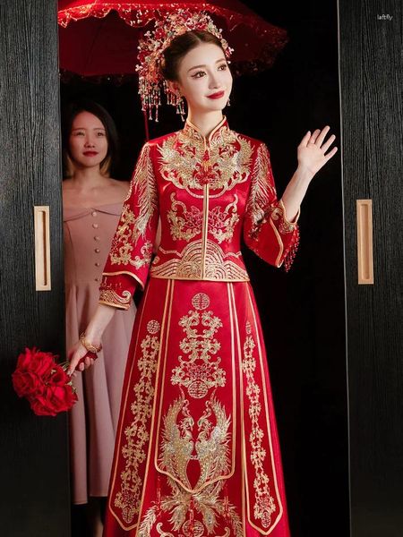 Ethnische Kleidung, klassisches chinesisches Hochzeitskleid, Cheongsam, hochwertige Stickerei, Hochzeitsanzug, orientalische Braut, Vintage-Qipao