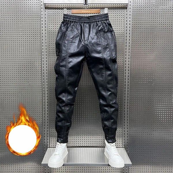 Herrenhosen Winter Kpop Fashion Style Harajuku Slim Fit Leder locker alle Match -verdickten lässige koreanische Taschen Hose