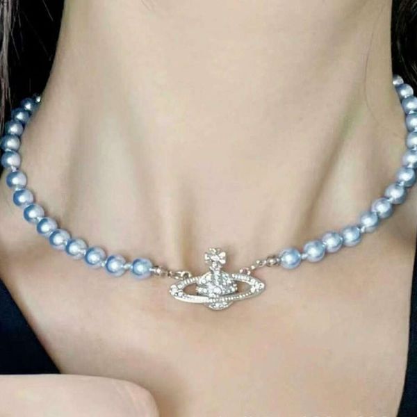 Designer Viviene Westwoods Empress Dowager XIS Saturno Necktace Temperament Temperament Blue Pearl Collar Chain intarsia