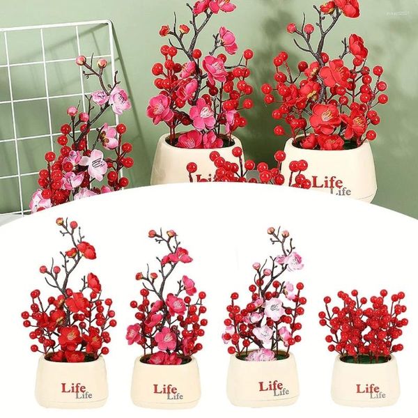 Flores decorativas 1pc Lucky Fruit Plum Blossom Bonsai simulou planta artificial em vasos de fortuna para a decoração de casa