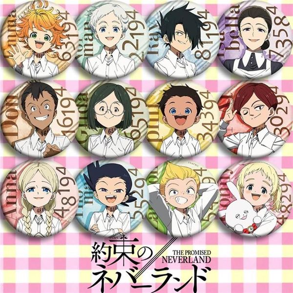 Pins Broschen 12pcs Anime Japan Cartoon Der versprochene Neverland Cosplay -Badge Yakusoku no Emma Brosche Pins Rucksäcke Button Gift2614