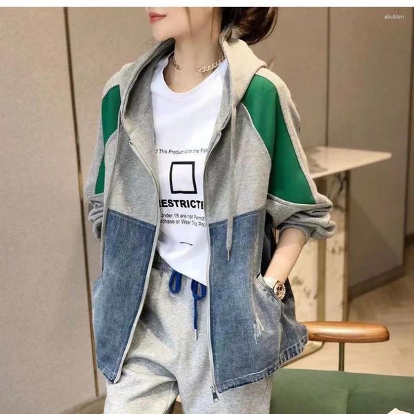 Женские куртки Джинсовая куртка с капюшоном Спортивная рубашка Корейская версия Модная весенне-осенняя лоскутная повседневная одежда