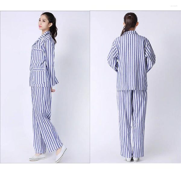 Frauen Nachthemd nach unten Nachthemd Langarm Pyjama Einweg -Baumwollhemden blau und weiß gestreift