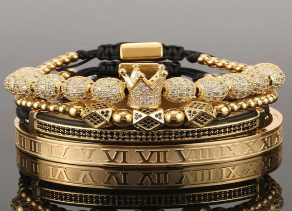 4 teile/satz Gold Hip Hop Hand Made Perlen Armband Männer Kupfer Pflastern CZ Zirkon Krone Römische Ziffer Armbänder Armreifen Schmuck7395369