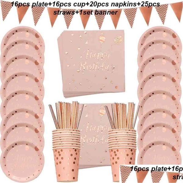 Einweggeschirr 78 Teile/satz Rose Gold Folie Punkte Geschirr Papier Handtuch Tasse Teller Einweg Set Adt Geburtstag Party Decor Hochzeit T Dhscr