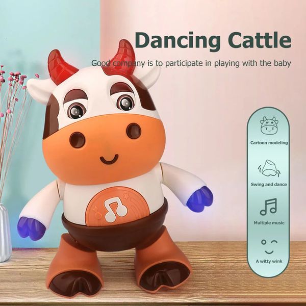 Boneca de vaca de dança elétrica móvel com música luz barulhento brinquedos de gado plástico interativo brinquedo de vaca suave para crianças presente de aniversário 231225