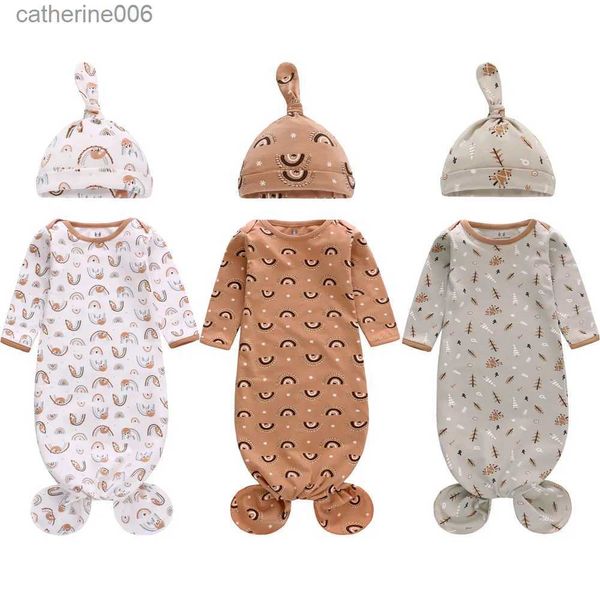Спальные мешки Завязанное детское платье Детские спальные мешки с длинными рукавами Супер мягкие эластичные ночные рубашки Пижама для новорожденных с комплектом шляп для 0-12 месяцевL231225