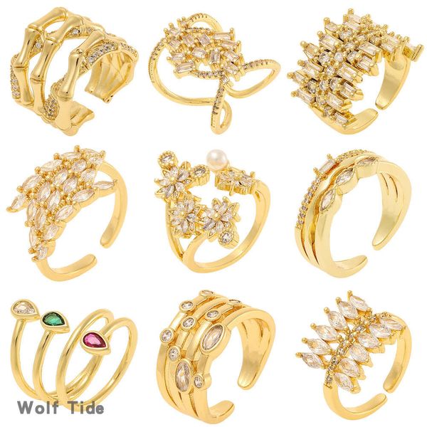 Anelli per matrimonio da donna con placca in oro reale 18k, zircone cubico, pietra preziosa, pietra preziosa, anello nuziale, personalizzato, carino, anello di coda, aperto, regolabile, regalo di gioielli all'ingrosso