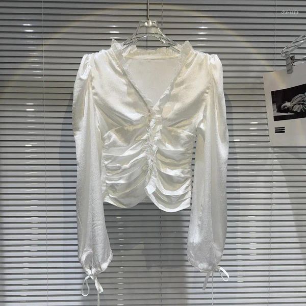 Blusas femininas Borvemays Chiffon Shirt Spring Summer Summer Branco Elegante Temperamento V Pescoço Pescoço Sólido Cor Sólido Simples WZ7723