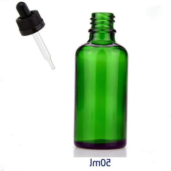 Preço de fábrica por atacado garrafa de gotas de vidro verde 50 ml com tampa preta de tampa infantil de vidro de óleo essencial recipiente de cosméticos bcwqa