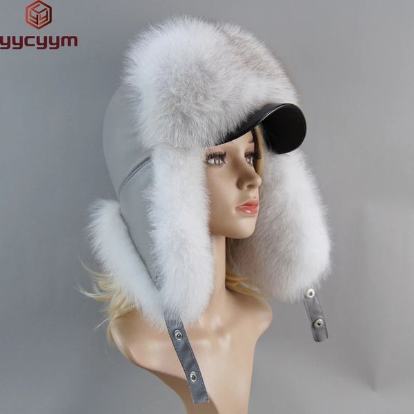 Modestil Winter Ushanka Hut Männer Frauen Pilot Bomber Trapper Hüte Real Fuchs Fell Leder Schneekappe mit Ohrklappen 231222