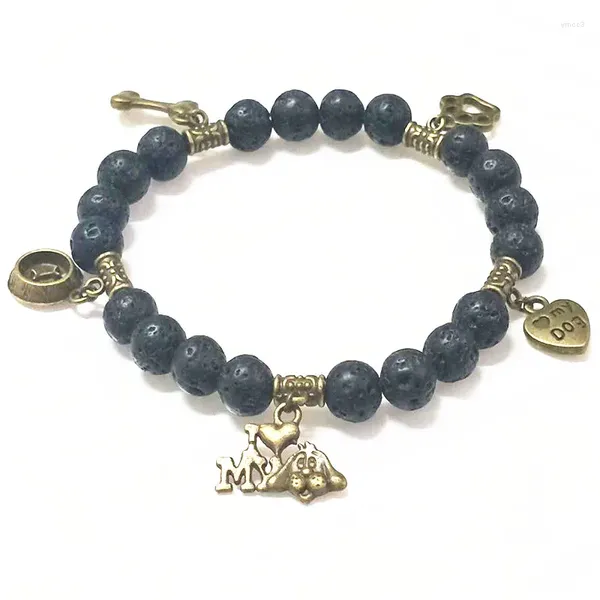 Strand Fashion Black Natural Stone Chakra Lava Bracelete para homens homens Jóias ajustáveis ​​Bronze colorido de cachorro Plaças óssea pulseiras de estimação