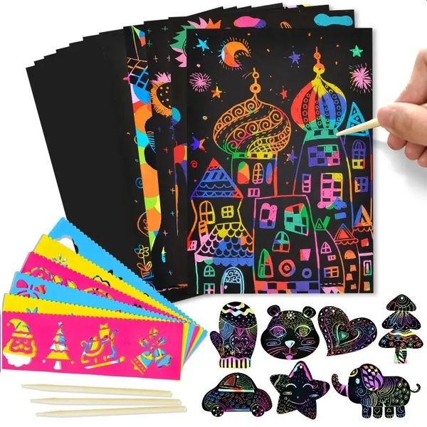 50 fogli di carta per pittura raschiante per bambini fai da te disegno artigianale magico arcobaleno colore gratta e vinci set di carte con stencil graffiti 231225