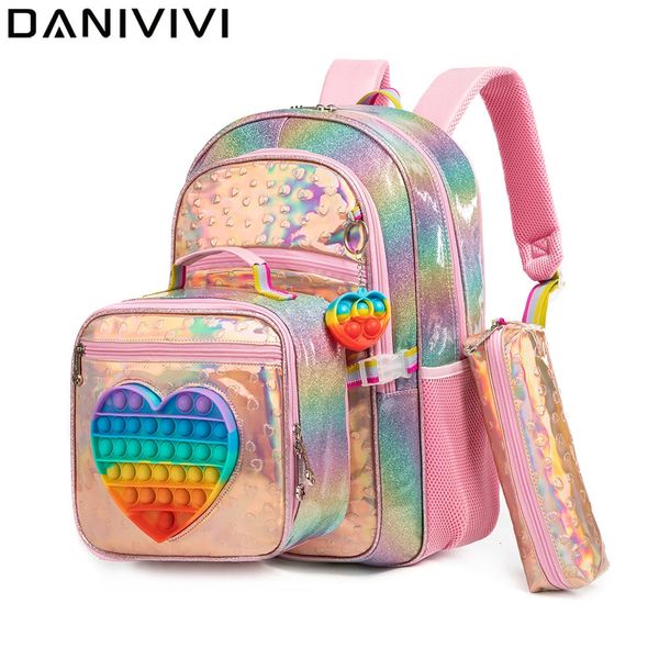 Backpack da escola de meninas de amor fofo Mochilas para sacolas da escola primária com lancheira Kids Pink Backpack Conjunto para meninas de 6-8 231222