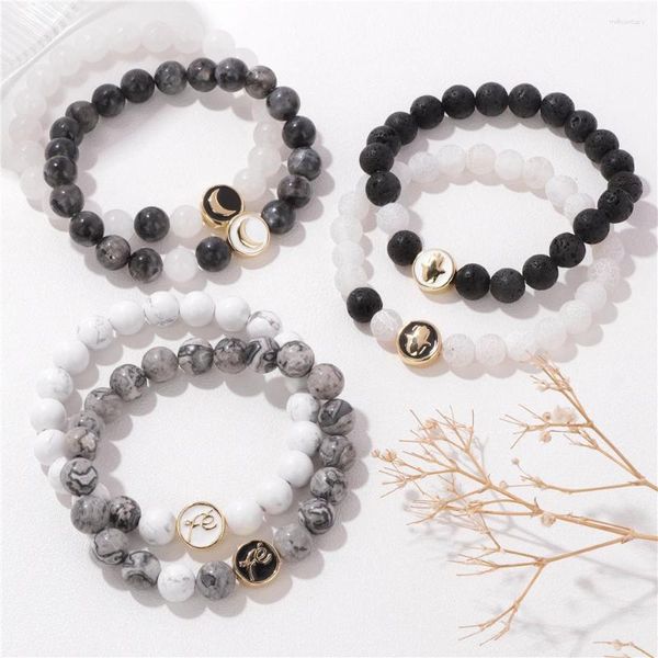 Strand 2pcs/conjunto BraCeletes de estilo preto branco Opalitas de pedra natural lava Men Homem Lua Mão de Fátima Charme