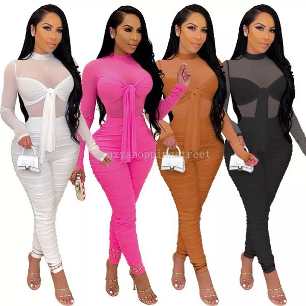 2024 Designer Sexy Mesh Suituesuits Women Plus Times 3x 4xl Long Maniche Rompers High Stretchy See attraverso BodyCon Bodysuits Sheer Nightclub indossare i maglioni