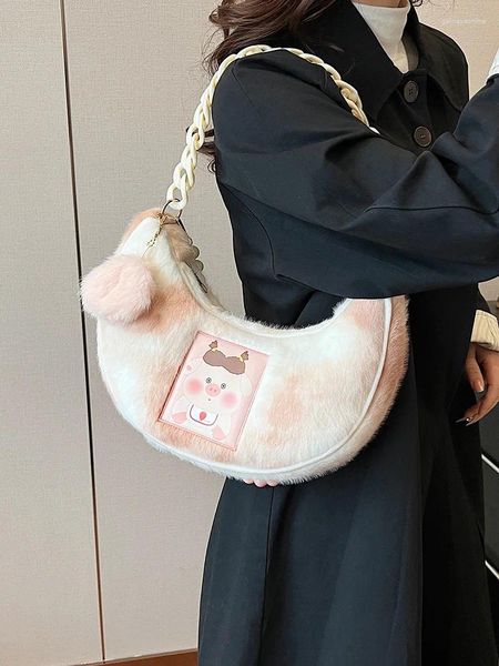 Akşam çantaları pembe peluş omuz çantası 2023 Sonbahar/Kış Kız Kalp Sevimli Domuz Boncuklu Zincir Mini Kolye Koltuk Tasarımcı Çanta Trendi