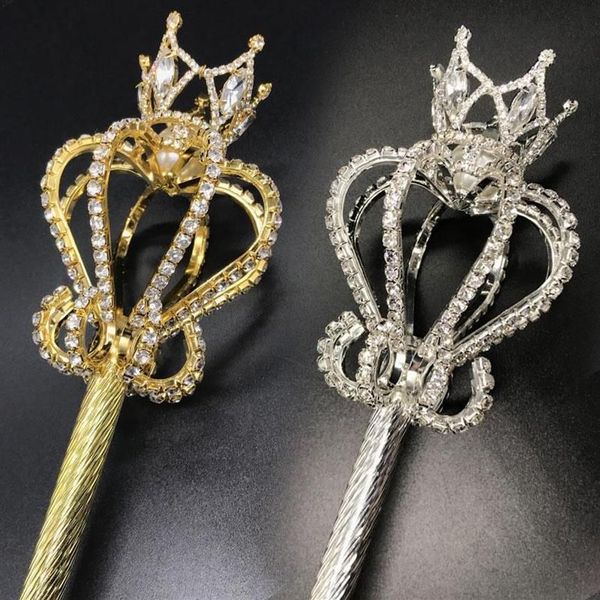 Clipes de cabelo Barrettes Bling Crystal Scepter Wand Gold Silver Color Tiaras e Crowns Scepter King Queen Wedding Pageant Party Cos245q