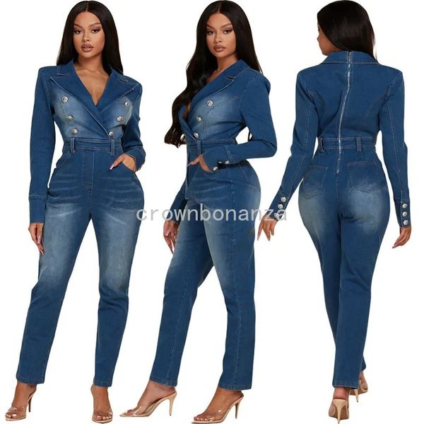 2024 Designer salti in denim Donne autunno inverno a maniche lunghe Romper girare jeans con scollo a V un pezzo One Piece Gruppo all'ingrosso Bulk Wholesale