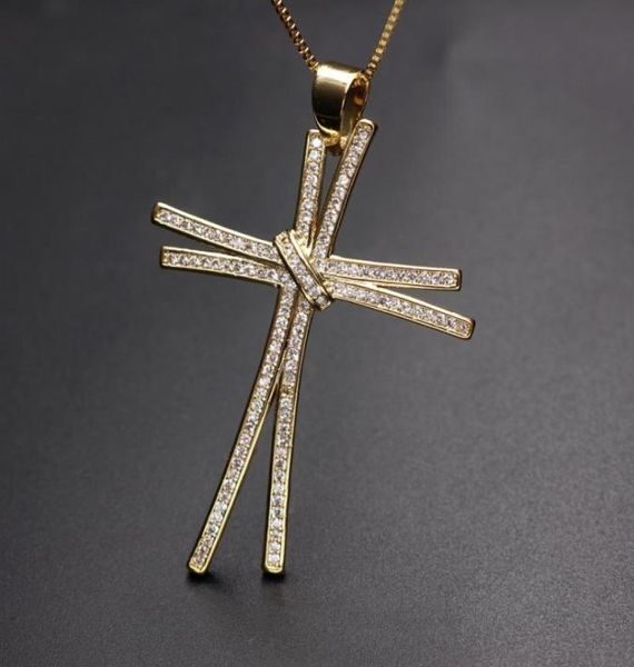 Design exclusivo de luxo completa pavimentar zircônia cúbica cruz pingente colar cor ouro corrente charme personalidade feminina colar jóias y128674218